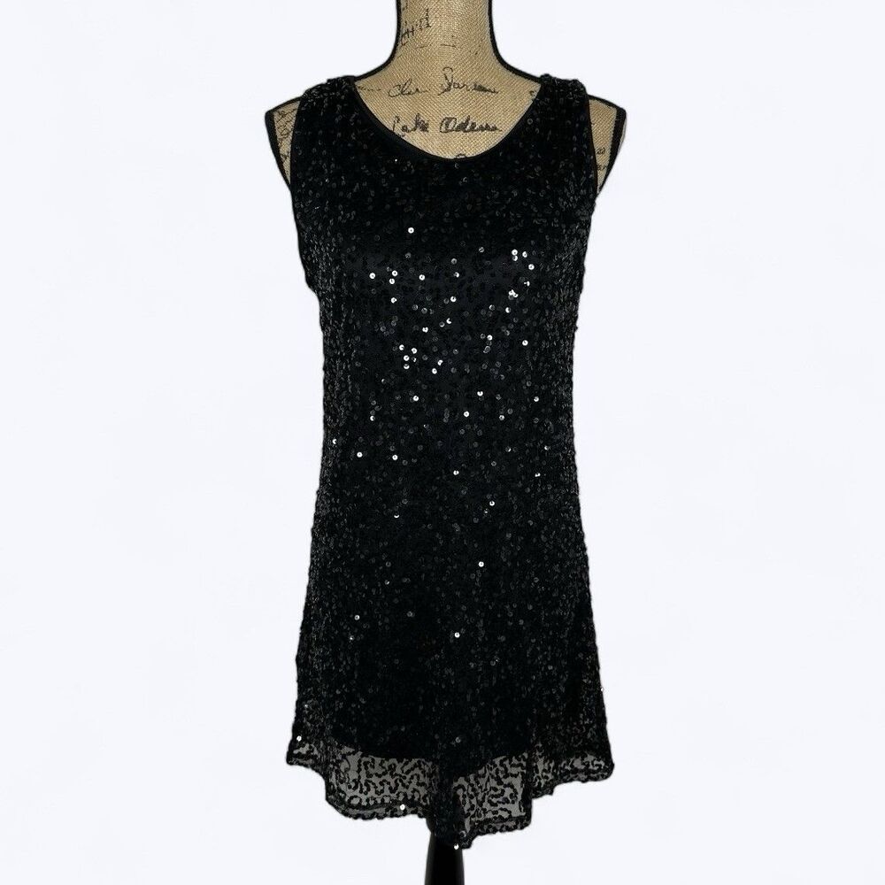 Rue 21 Black Sequin Mini‎ Dress Lined LBD Cocktail Party Glam Event HOCO Sz L
